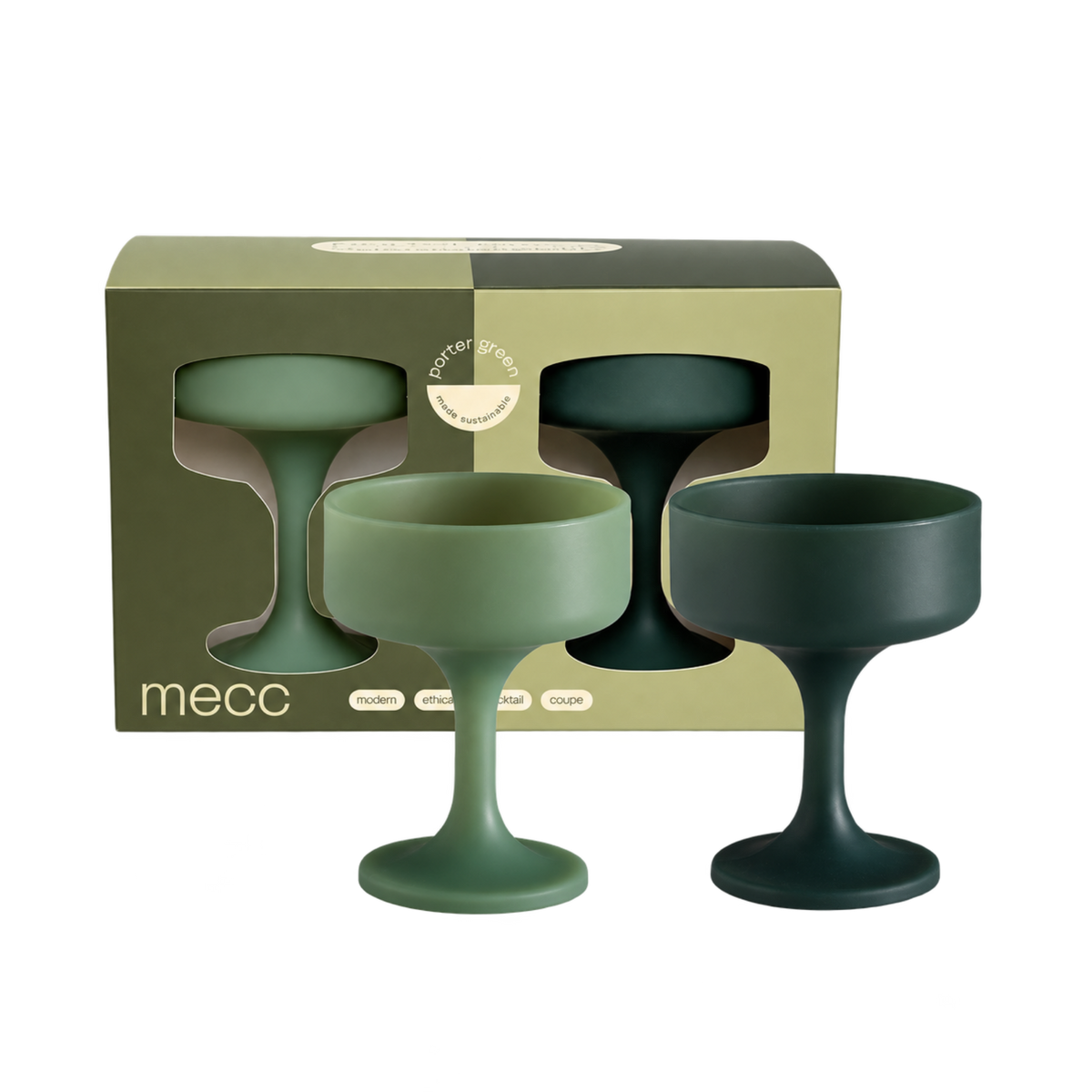 sage + olive | mecc | unbreakable silicone cocktail coupes | porter green, coupe cocktail glass, coupe glass, coloured cocktail glasses, unbreakable cocktail glasses, cocktail glasses australia